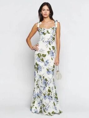 Reformation Floral Tie-Shoulder Maxi Dress in White and Blue Hydrangeas